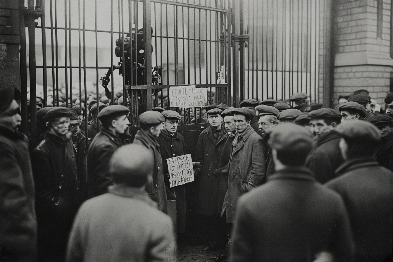 Dělníci před branou továrny